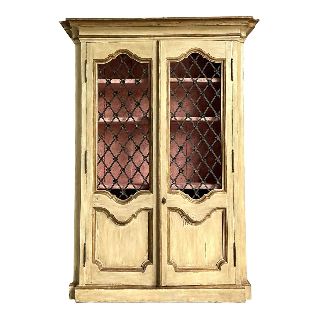French Provincial Style Cream Trellis Armoire With Gilt Accents 96" Tall: French Provincial Style Cream Trellis Armoire With Gilt Accents 96" Tall This vintage armoire showcases impressive craftsmanship in the French Provincial or Italian Rococo style, featuring a hand-pain