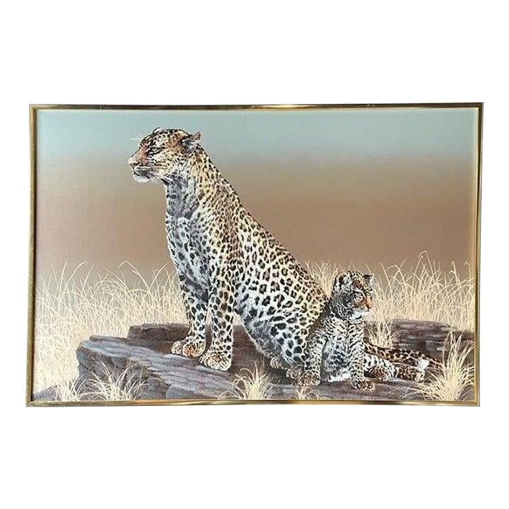 Large Original Oil on Canvas Depicting Leopards in Vintage Gilded Frame: Large Original Oil on Canvas Depicting Leopards in Vintage Gilded Frame This monumental original oil painting showcases the majestic beauty of African leopards, featuring an adult and cub perched on a