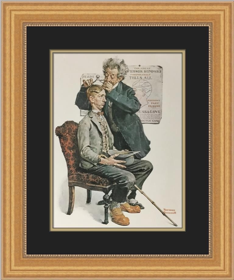 Norman Rockwell Phrenologist 1975 Custom Framed Print Americana: Norman Rockwell Phrenologist 1975 Custom Framed Print Americana This striking custom framed print titled 'Phrenologist' by renowned artist Norman Rockwell captures the essence of Americana. Produced i