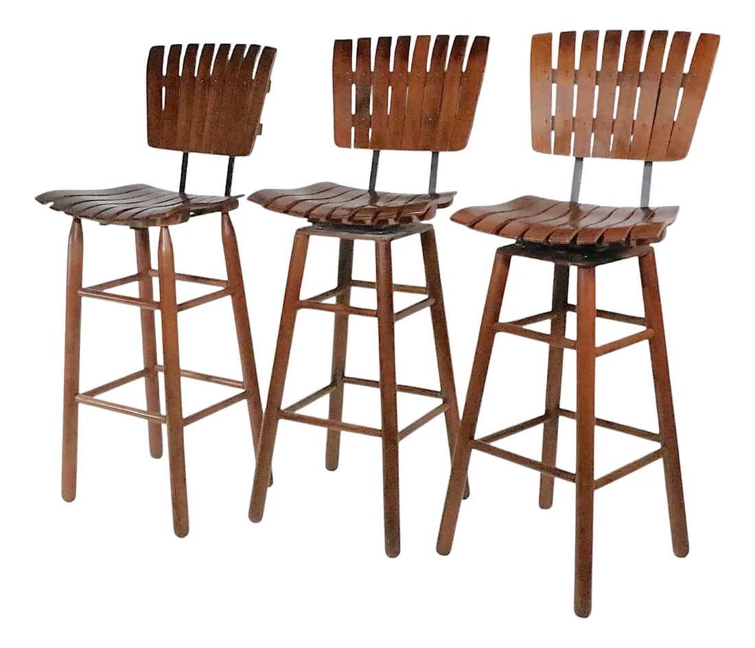 Mid Century Set of 3 Umanoff Style Swivel Wrought Iron Bar Stools (1 of 10)