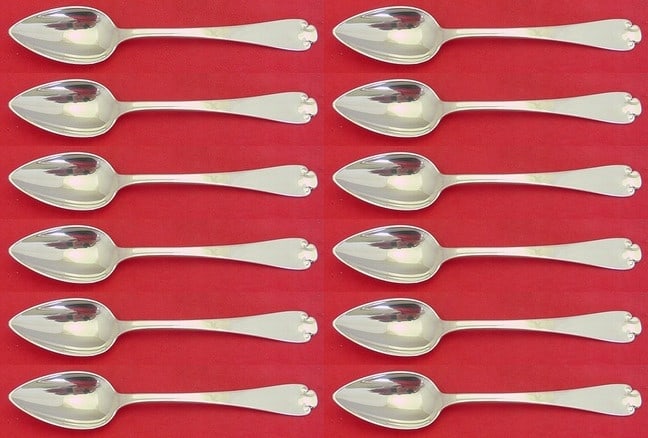 Tiffany & Co. Flemish Sterling Silver Grapefruit Spoons Set of 12: Tiffany & Co. Flemish Sterling Silver Grapefruit Spoons Set of 12 This exquisite set of 12 grapefruit spoons is crafted from sterling silver, featuring the elegant Flemish pattern by Tiffany & Co. Eac