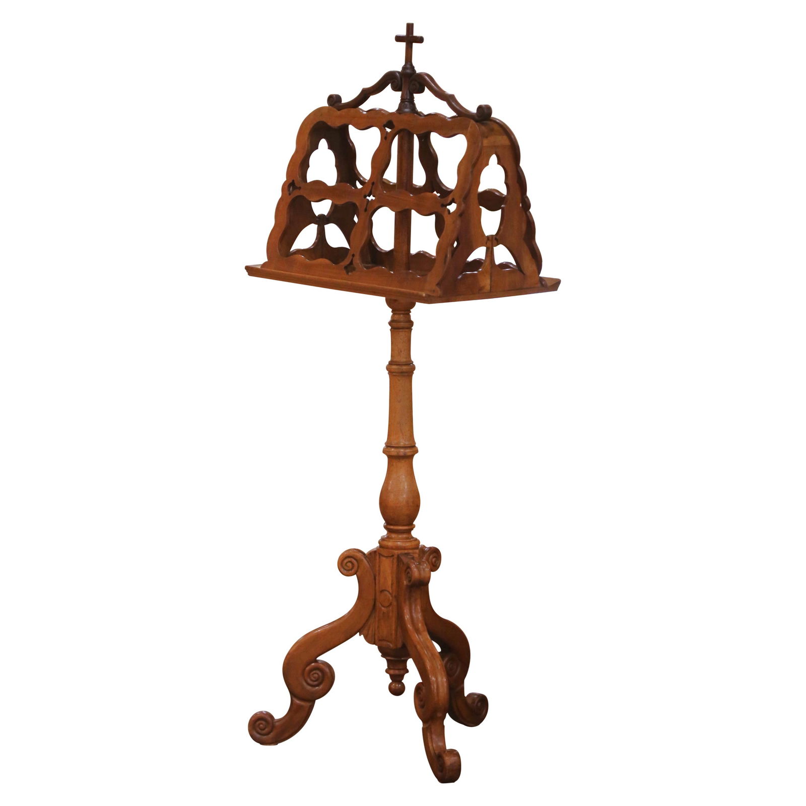 French Louis XVI Walnut Antique Lectern with Carved Tripod Base Circa 1780: French Louis XVI Walnut Antique Lectern with Carved Tripod Base Circa 1780 This late 18th century French Louis XVI lectern, or lutrin, is expertly hand-carved from walnut and features a beautifully pa