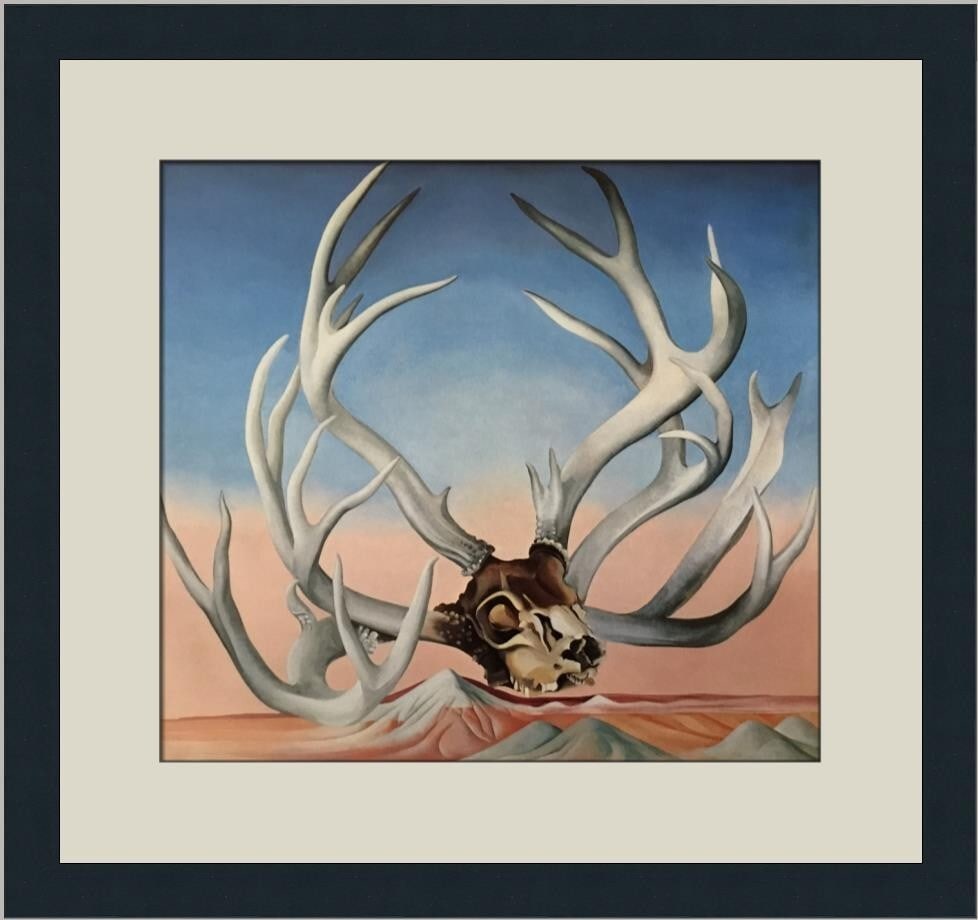 Georgia O'Keeffe Deer's Head near Cameron Custom Framed Print 1988 Modernist Art: Georgia O'Keeffe Deer's Head near Cameron Custom Framed Print 1988 Modernist Art This custom framed print features Georgia O'Keeffe's iconic artwork "Deer's Head near Cameron" from 1988. Measuring 18