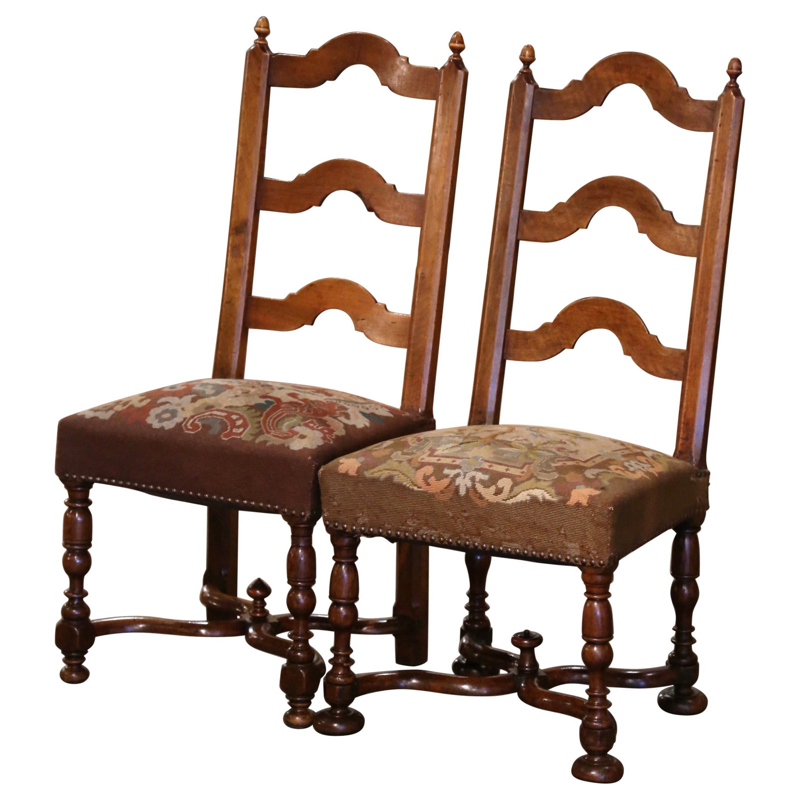 Set of 2 19th Century French Walnut Chairs Louis XIV Needlepoint Tapestry: Set of 2 19th Century French Walnut Chairs Louis XIV Needlepoint Tapestry Enhance your living space with this exquisite pair of 19th Century French Carved Walnut Chairs, featuring luxurious needlepoin
