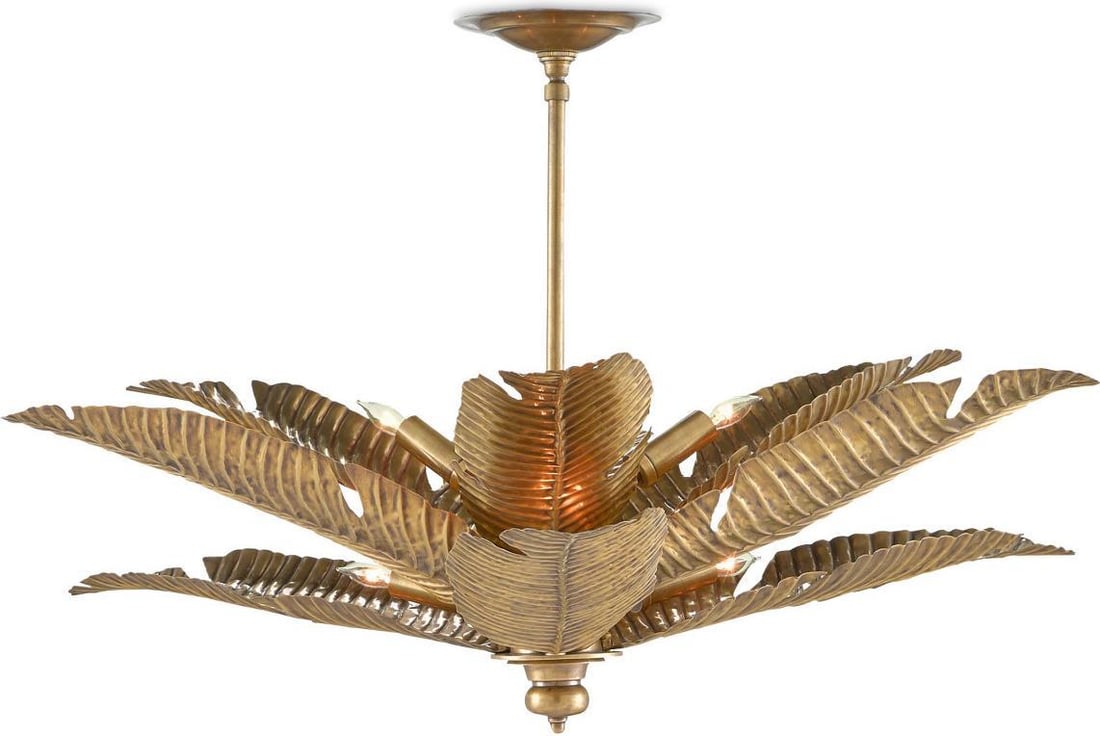 Currey Tropical Brass Semi-Flush Mount Ceiling Light 19H 34W 34D: Currey Tropical Brass Semi-Flush Mount Ceiling Light 19H 34W 34D Illuminate your space with this Elegant Tropical Brass Ceiling Light Fixture, designed in a charming antique or vintage style. This sem