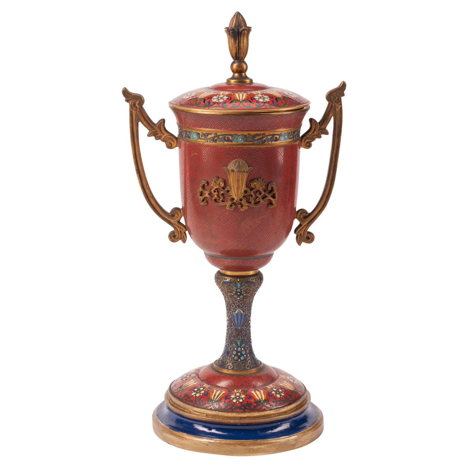Beaux Arts Bronze and Enamel Trophy Vase with Lid French 19th Century: Beaux Arts Bronze and Enamel Trophy Vase with Lid French 19th Century This magnificent late 19th-century French trophy form vase with cover showcases exceptional craftsmanship in bronze, featuring a b