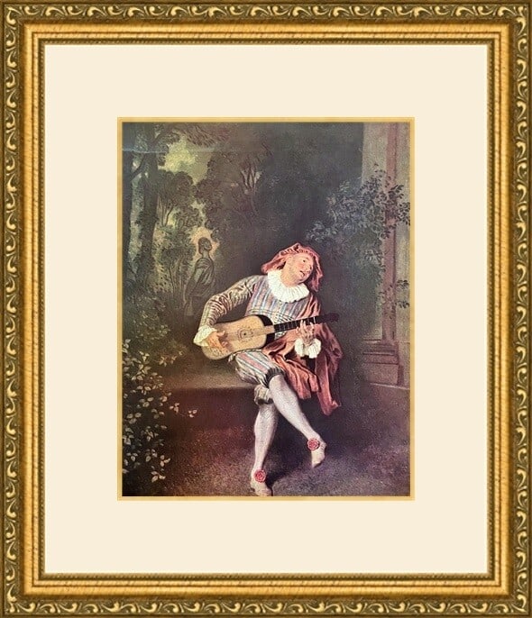 Antoine Watteau Le Mezzetin Print Custom Framed Museum Quality: Antoine Watteau Le Mezzetin Print Custom Framed Museum Quality This exquisite print titled 'Le Mezzetin' by Antoine Watteau features a beautifully framed and matted design, showcasing figures in a con