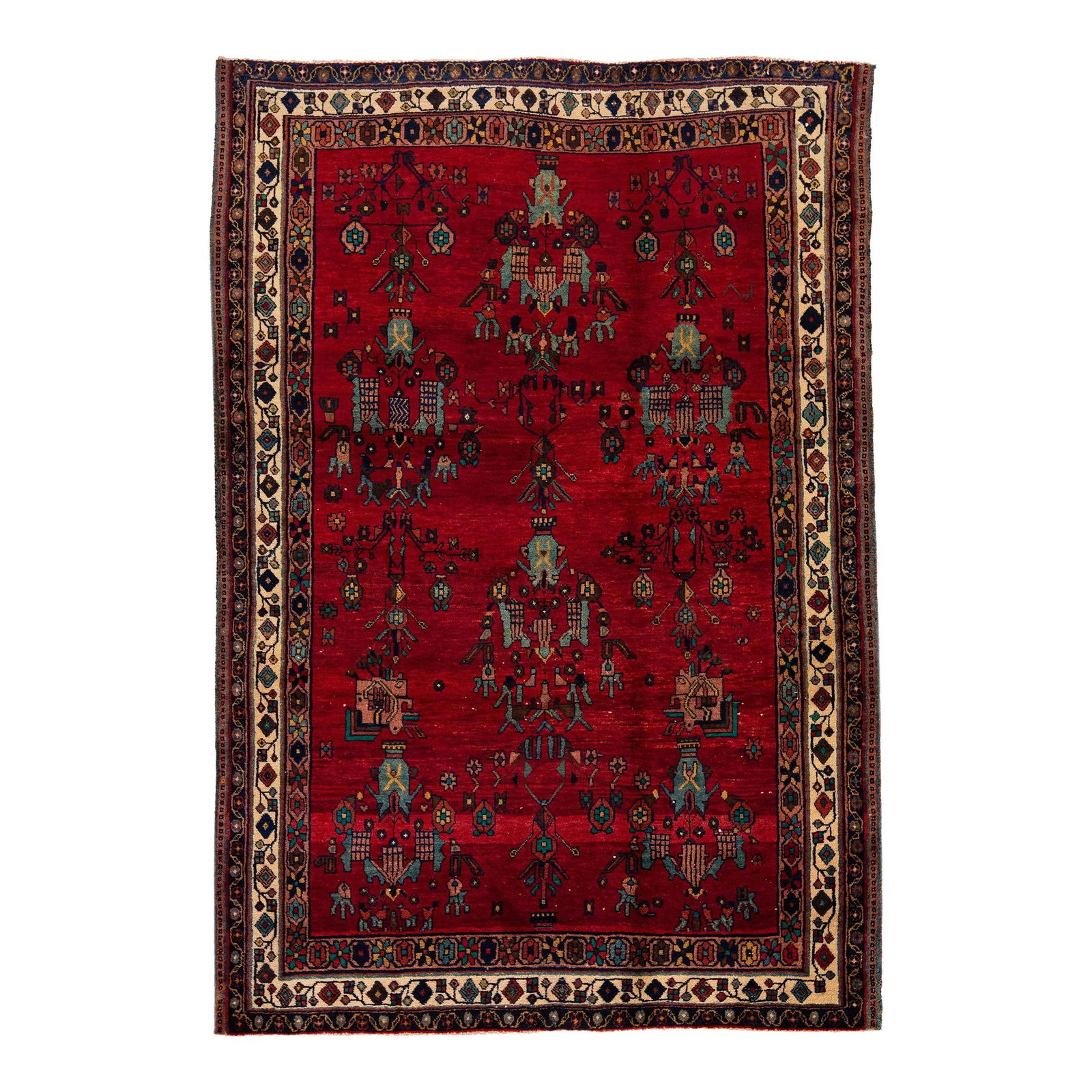Vintage Persian Tabriz Handmade Floral Wool Rug 4'10 x 7'2 Red: Vintage Persian Tabriz Handmade Floral Wool Rug 4'10 x 7'2 Red Discover this exquisite vintage Persian Bidjar handmade wool rug, featuring a striking red color field complemented by a beige frame. The