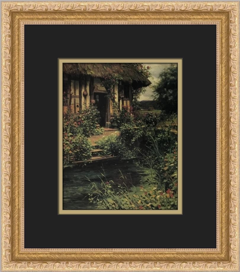 Custom Framed Springhouse Offset Lithograph Print by Aston Knight: Custom Framed Springhouse Offset Lithograph Print by Aston Knight This is a custom-framed open edition print titled "Springhouse" by Aston Knight. The artwork, produced in 2000, is an offset lithograp