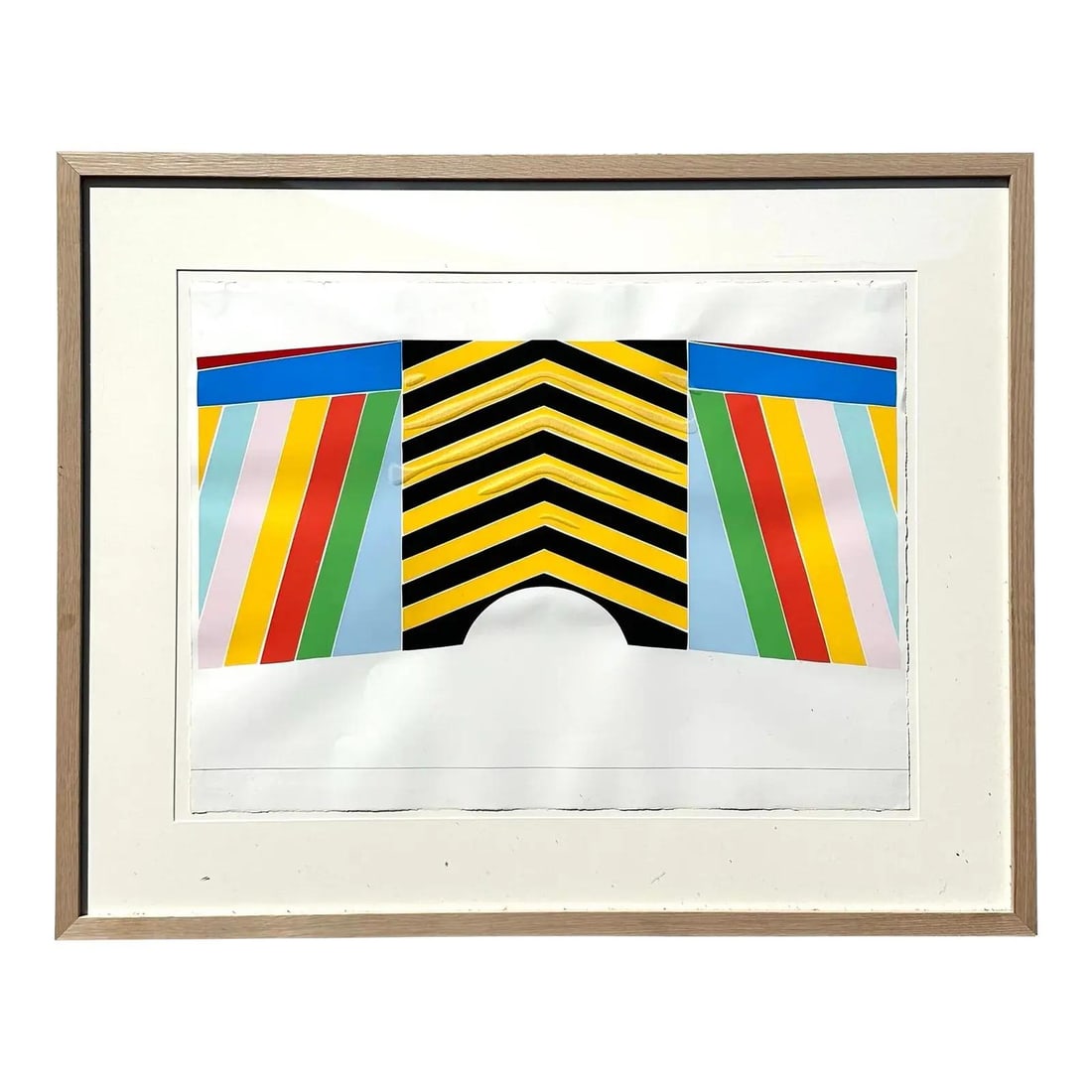 Framed 1970s Abstract Geometric Art Lithograph with Bold Color Patterns: Framed 1970s Abstract Geometric Art Lithograph with Bold Color Patterns This vintage 1970s abstract geometric lithograph features bold patterns in vibrant shades of yellow, red, green, blue, and black
