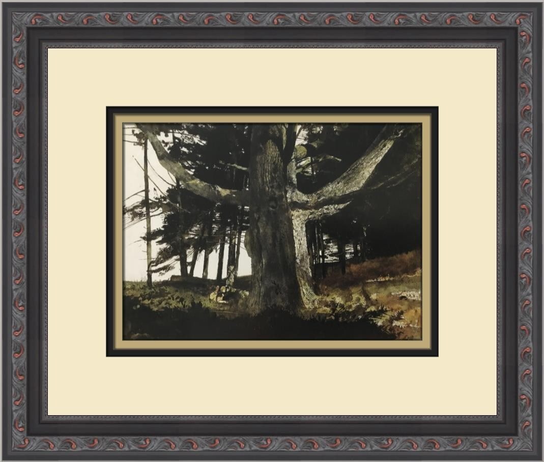 Andrew Wyeth Corner Oak Custom Framed Print 1998 Landscape Art: Andrew Wyeth Corner Oak Custom Framed Print 1998 Landscape Art This exquisite custom framed print titled "Corner Oak" by renowned artist Andrew Wyeth showcases a beautiful landscape rendered in his si