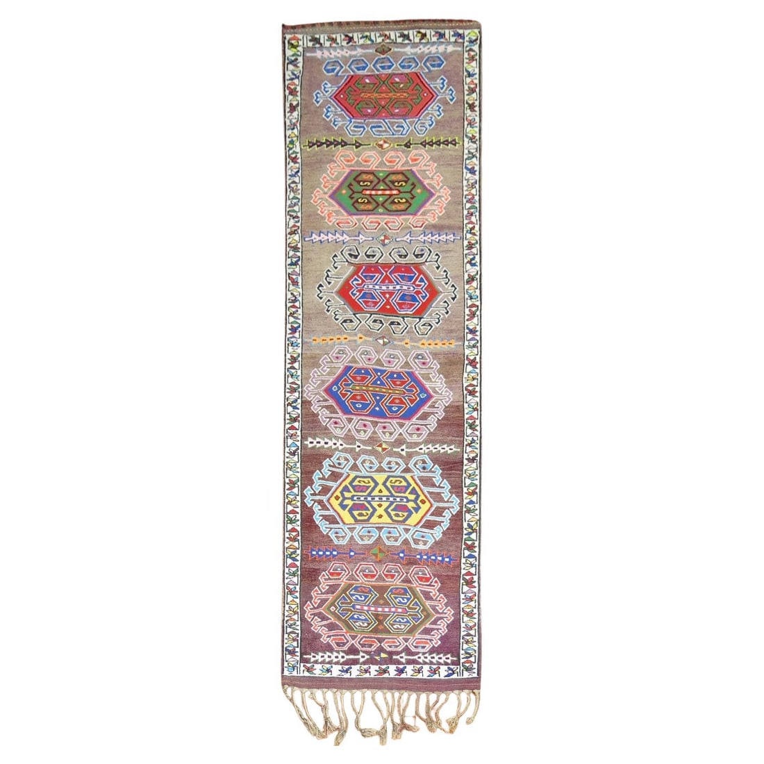 Vintage Turkish Anatolian Wool Runner Bohemian Design 37 x 122 in: Vintage Turkish Anatolian Wool Runner Bohemian Design 37 x 122 in This stunning Eclectic Vintage Turkish Anatolian Runner showcases the artistry of mid-20th century craftsmanship. Hand-woven from high