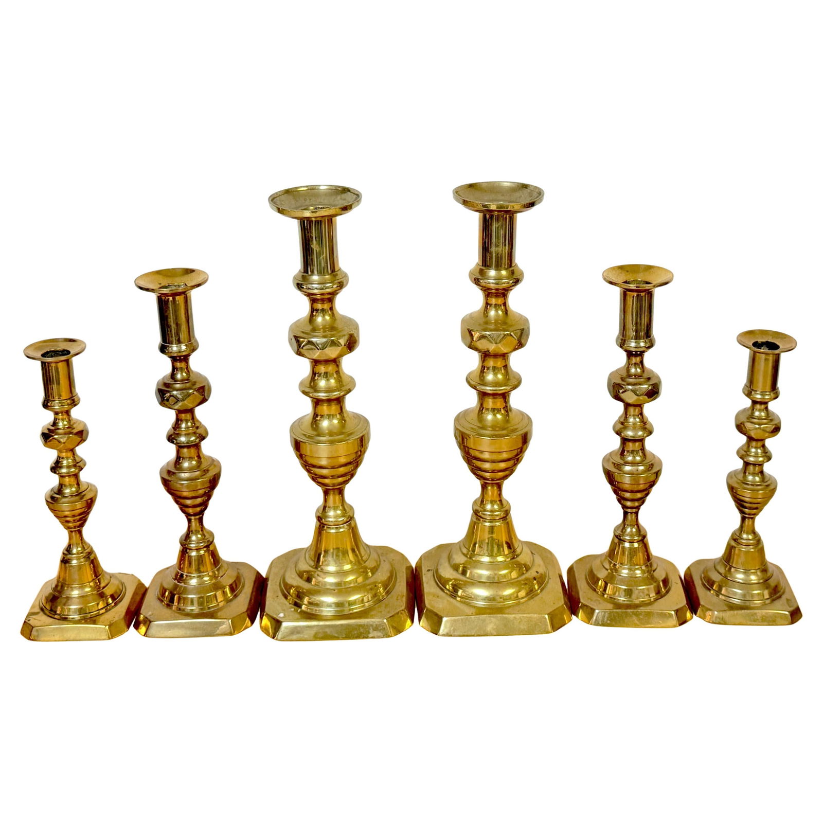 Set of 6 Victorian Brass Beehive Push-Up Candlesticks England 1880s (1 of 9)