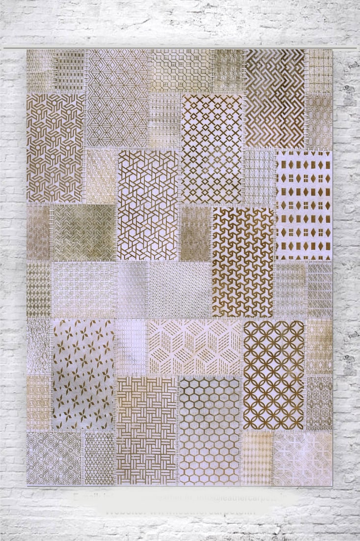 Handcrafted Gold Cream Geometric Patchwork Cowhide Leather Carpet 3FT x 5FT: Handcrafted Gold Cream Geometric Patchwork Cowhide Leather Carpet 3FT x 5FT Free continental US Shipping This handcrafted carpet features a striking multi-pattern geometric patchwork design, skillfull