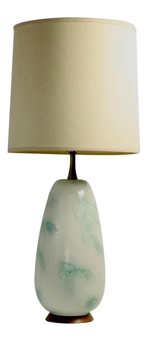 Mid Century Ceramic Lamp Cream with Cloud Design 33 inches: Mid Century Ceramic Lamp Cream with Cloud Design 33 inches This captivating Mid Century table lamp features a unique soft-toned ceramic body with a textured surface, accentuated by light blue cloud-li