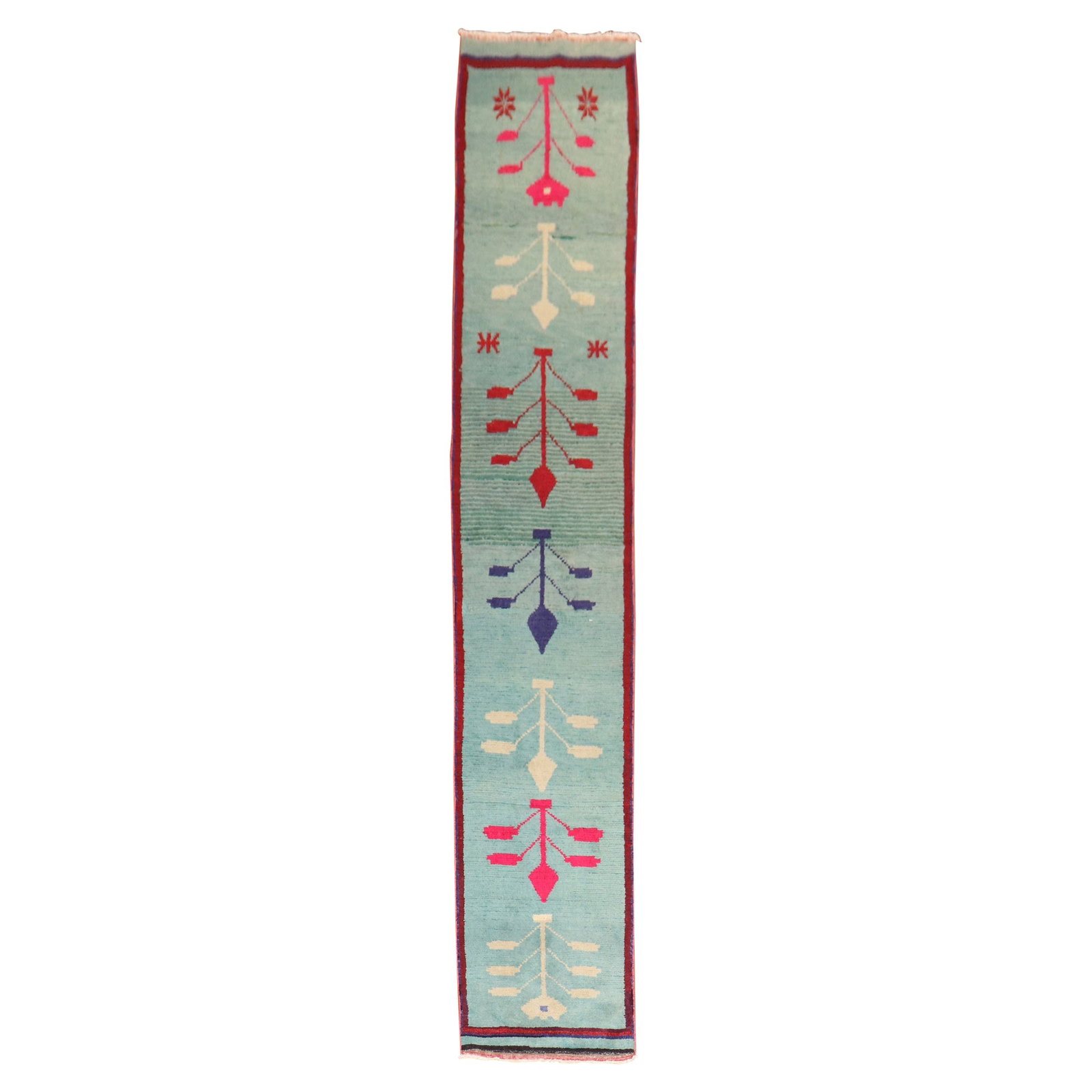 Mid-Century Modern Turkish Wool Runner Floral Teal 23x136: Mid-Century Modern Turkish Wool Runner Floral Teal 23x136 This beautiful Narrow Turkish Runner showcases a charming floral motif set against a rich teal background. Crafted from high-quality wool, thi