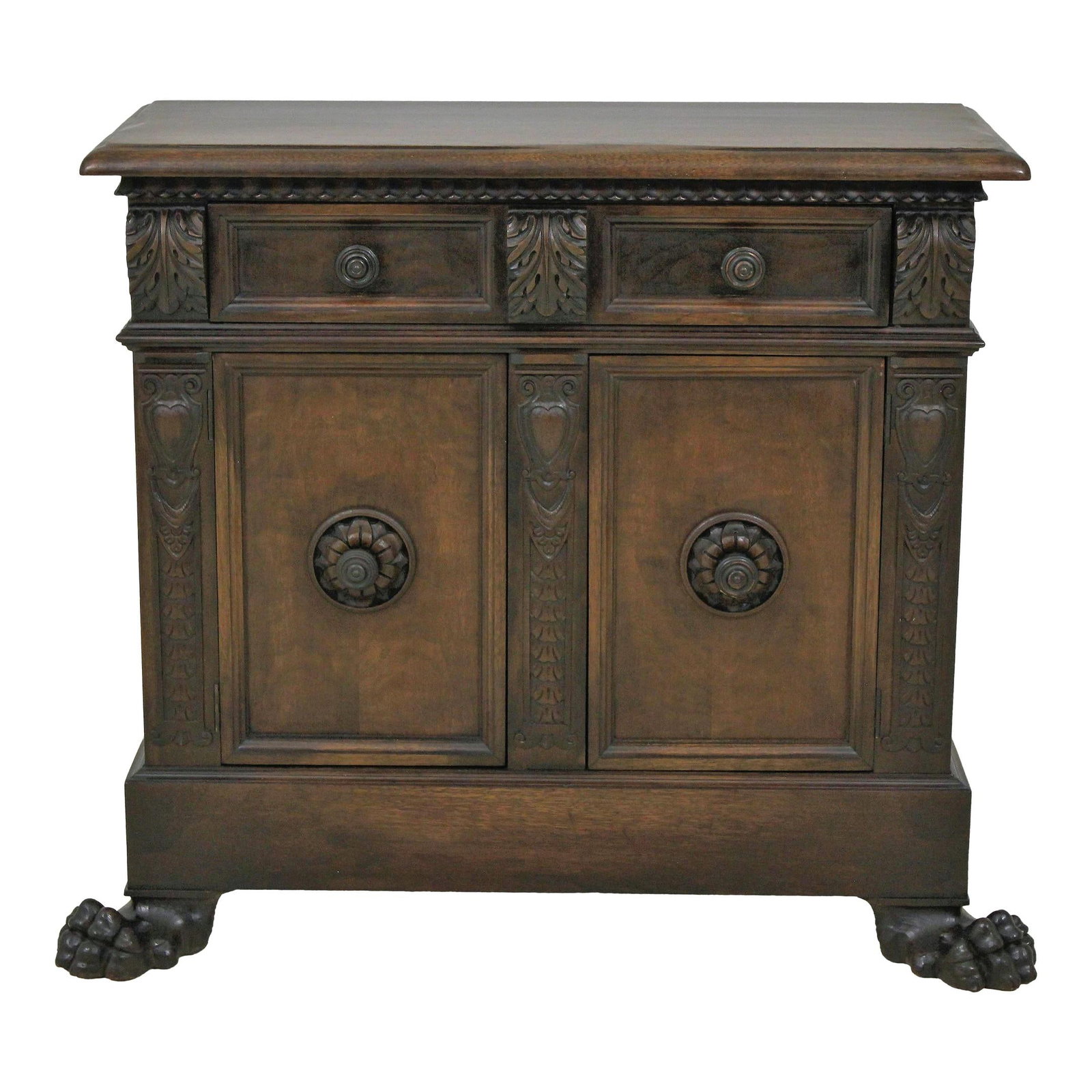 1920s Vintage Italian Walnut Server Cabinet with Carved Paw Feet: 1920s Vintage Italian Walnut Server Cabinet with Carved Paw Feet This exquisite Vintage Continental Italian Style Walnut Server Cabinet, dating back to the 1920s, showcases masterful dovetailed drawer