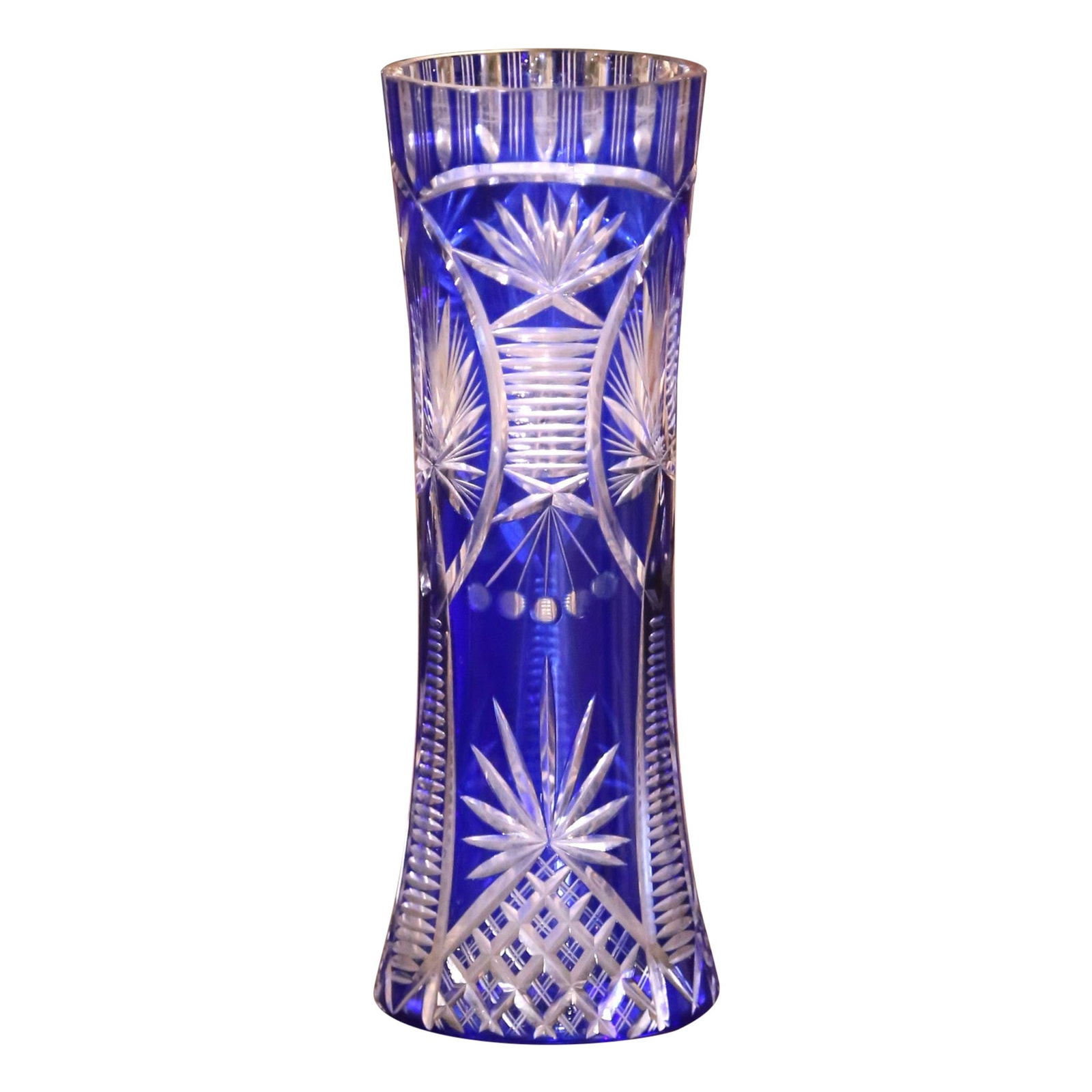 Czech Bohemian Cobalt Blue Cut Glass Vase with Engraved Patterns (1 of 9)