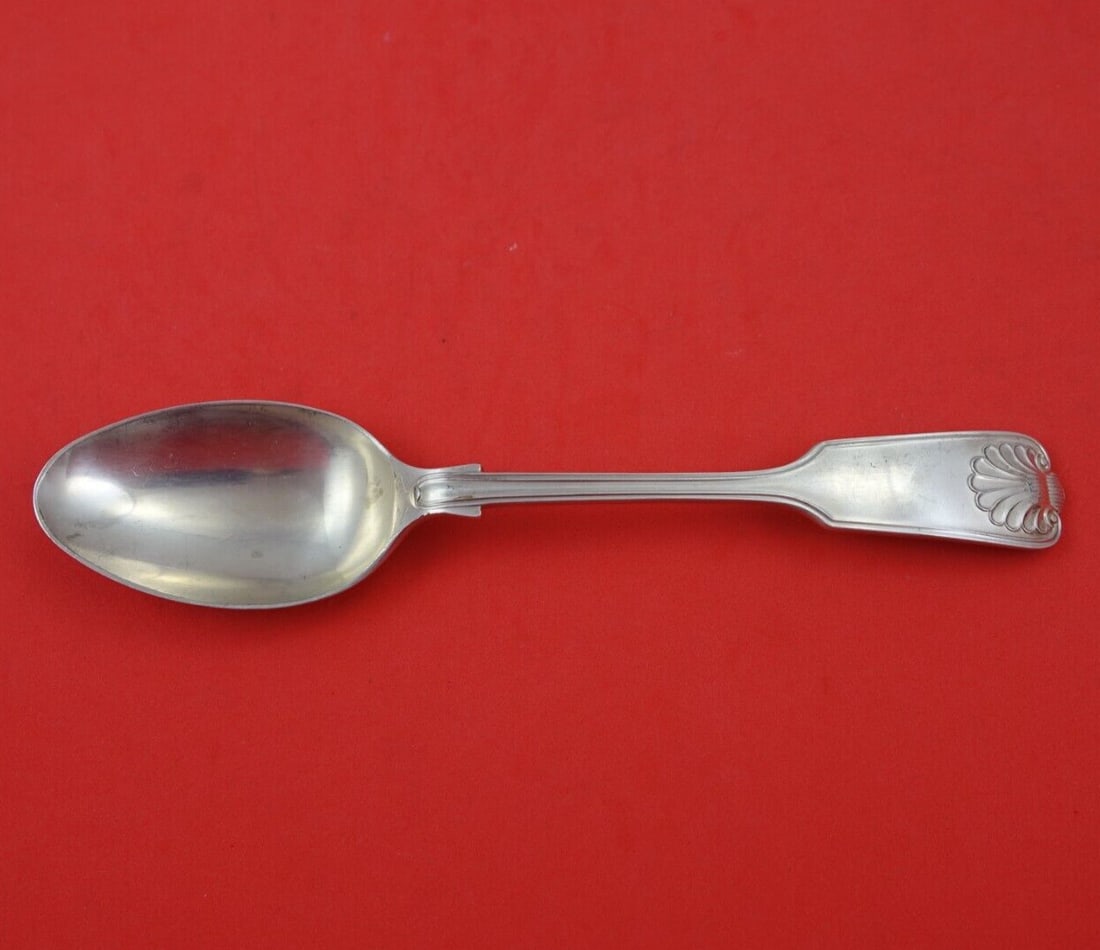 CJ Vander Sterling Silver Fiddle Thread & Shell Dessert Spoon 7 3/8": CJ Vander Sterling Silver Fiddle Thread & Shell Dessert Spoon 7 3/8" This exquisite sterling silver dessert soup spoon from CJ Vander features the elegant Fiddle Thread & Shell pattern. Measuring 7 3/