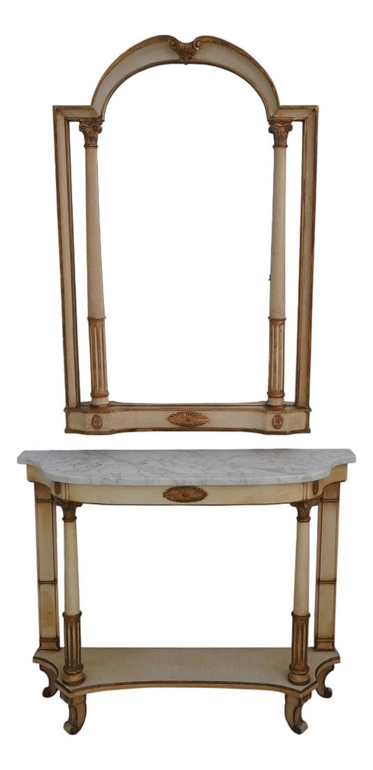 Vintage Italian Creme Painted Console Table with Mirror 1930s: Vintage Italian Creme Painted Console Table with Mirror 1930s This exquisite Palladio Vintage Italian Console Table, dating back to the 1930s, features a charming antique creme painted finish accentua