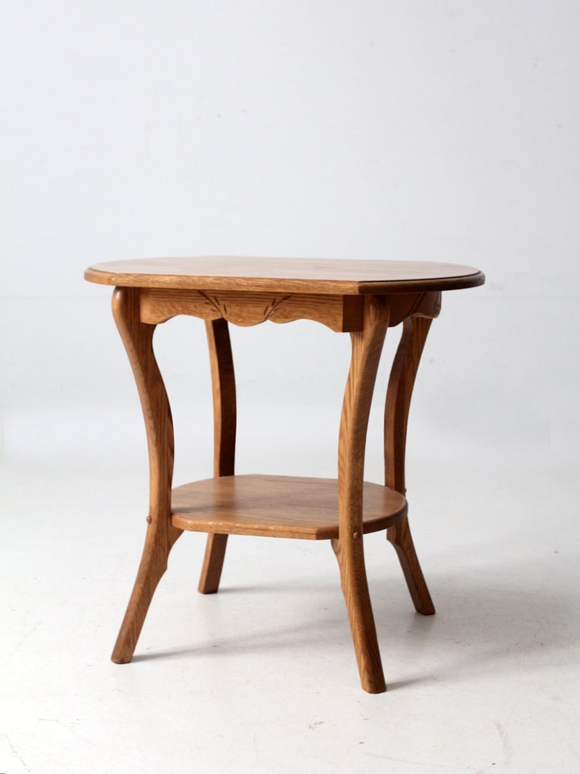 Colonial Revival Oak Side Table with Wheat Sheaf Apron and Lower Shelf (1 of 12)