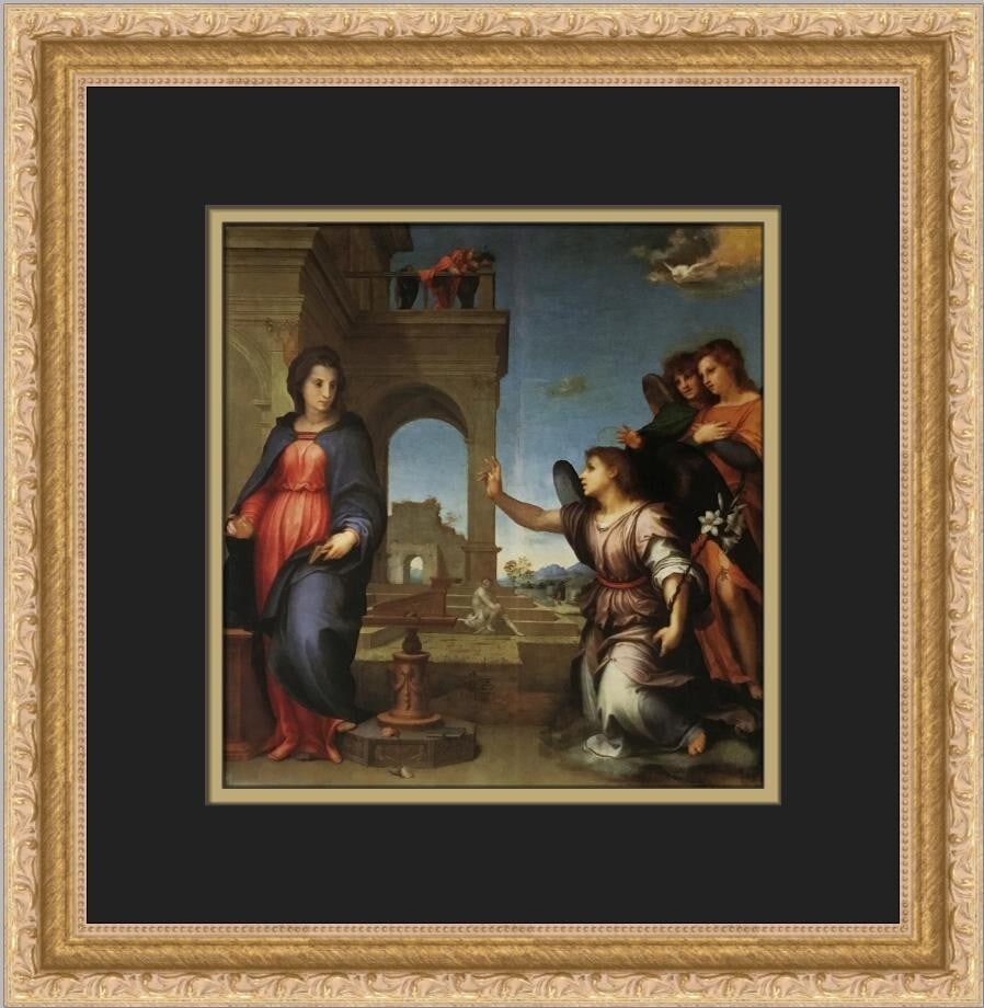 Andrea Del Sarto Annunciation Custom Framed Print 14x14 Expressionism: Andrea Del Sarto Annunciation Custom Framed Print 14x14 Expressionism This stunning custom framed print of "Annunciation" by Andrea Del Sarto showcases the artist's blend of expressionism and impressi