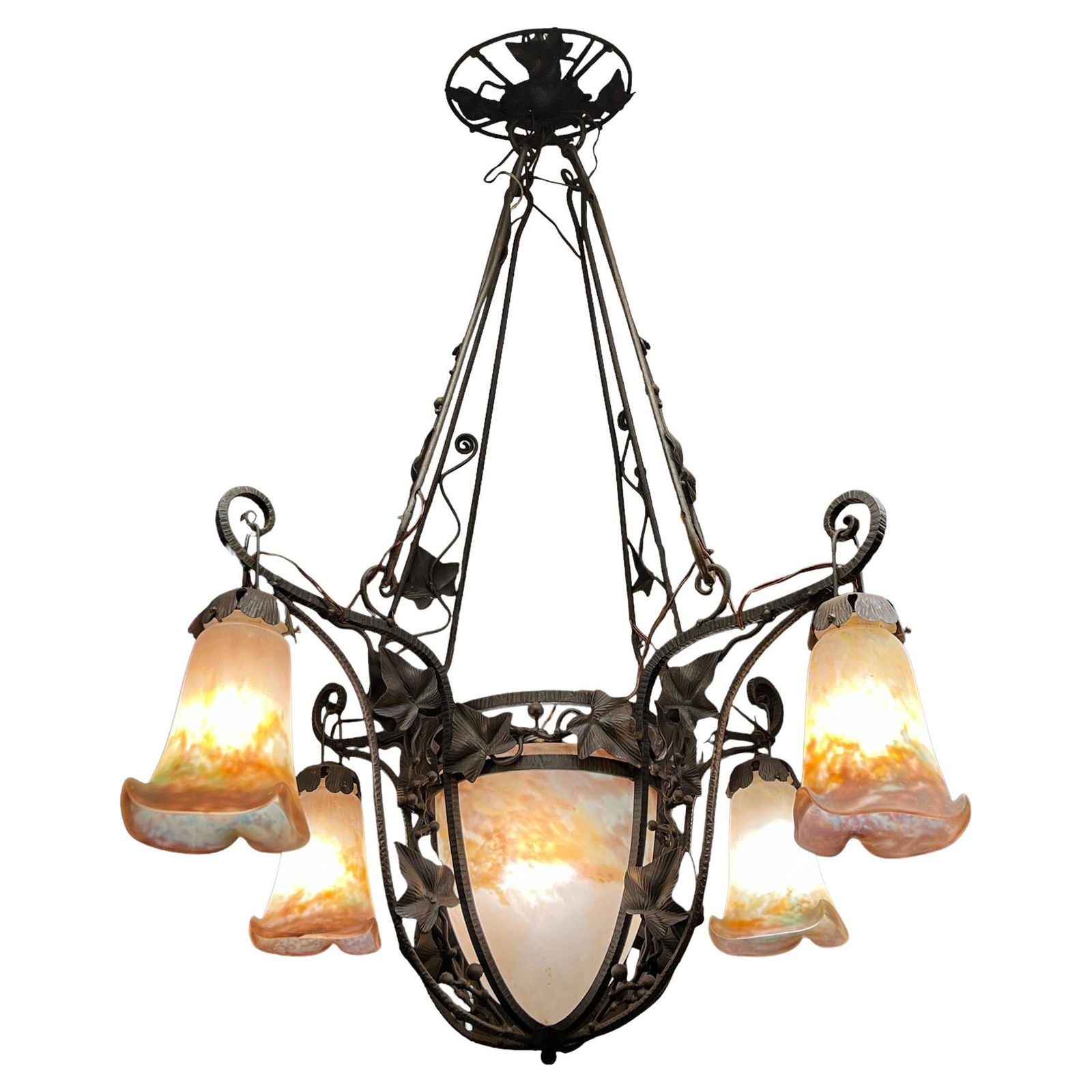 French Art Deco Chandelier with Muller Freres Signed Art Glass and Wrought Iron (1 of 9)