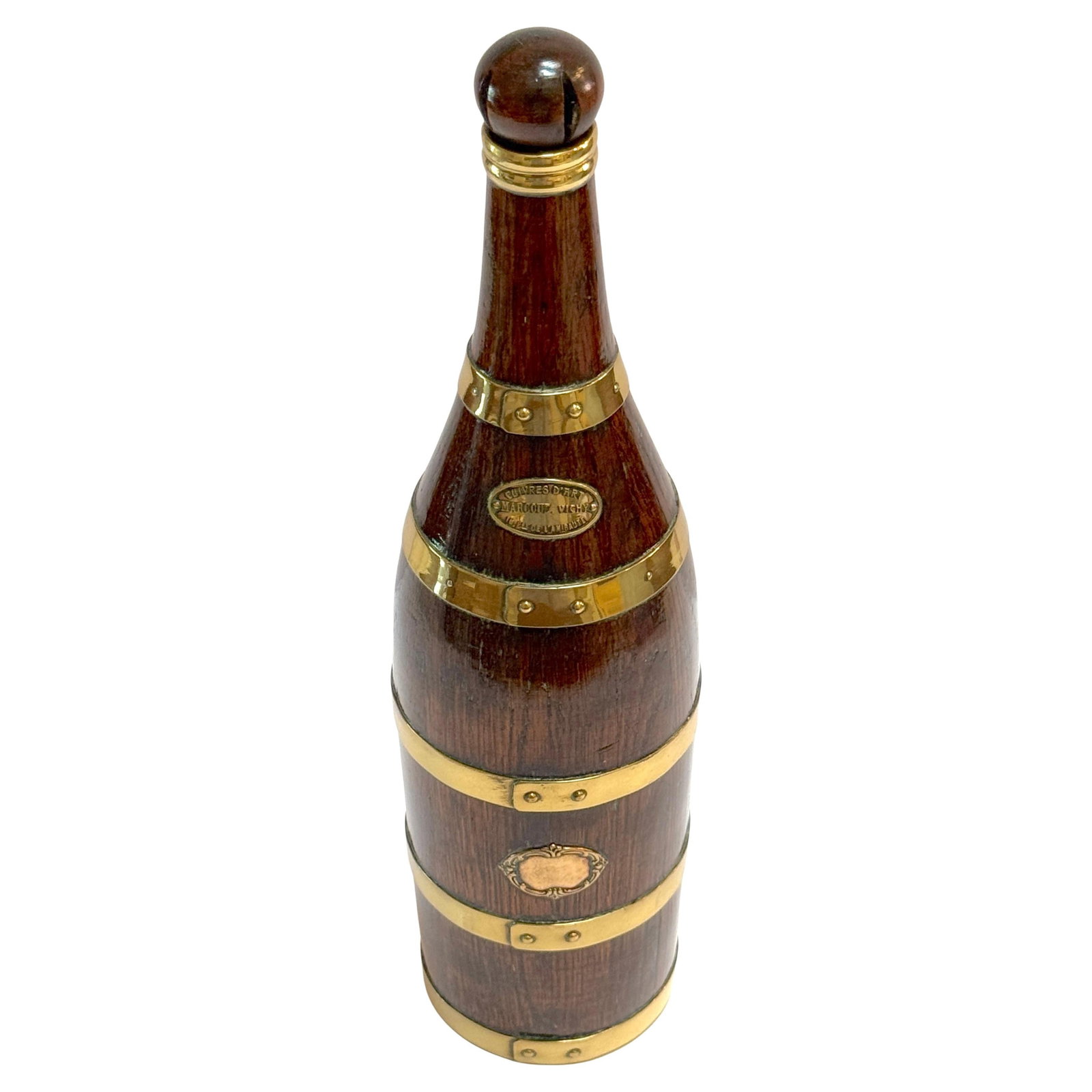 Antique French Brass-Bound Walnut Bottle Box Counes Derby Marquot Vichy: Antique French Brass-Bound Walnut Bottle Box Counes Derby Marquot Vichy Discover the elegance of this French Counes Derby Marquot Vichy brass-bound wooden bottle-form box, a stunning decorative piece