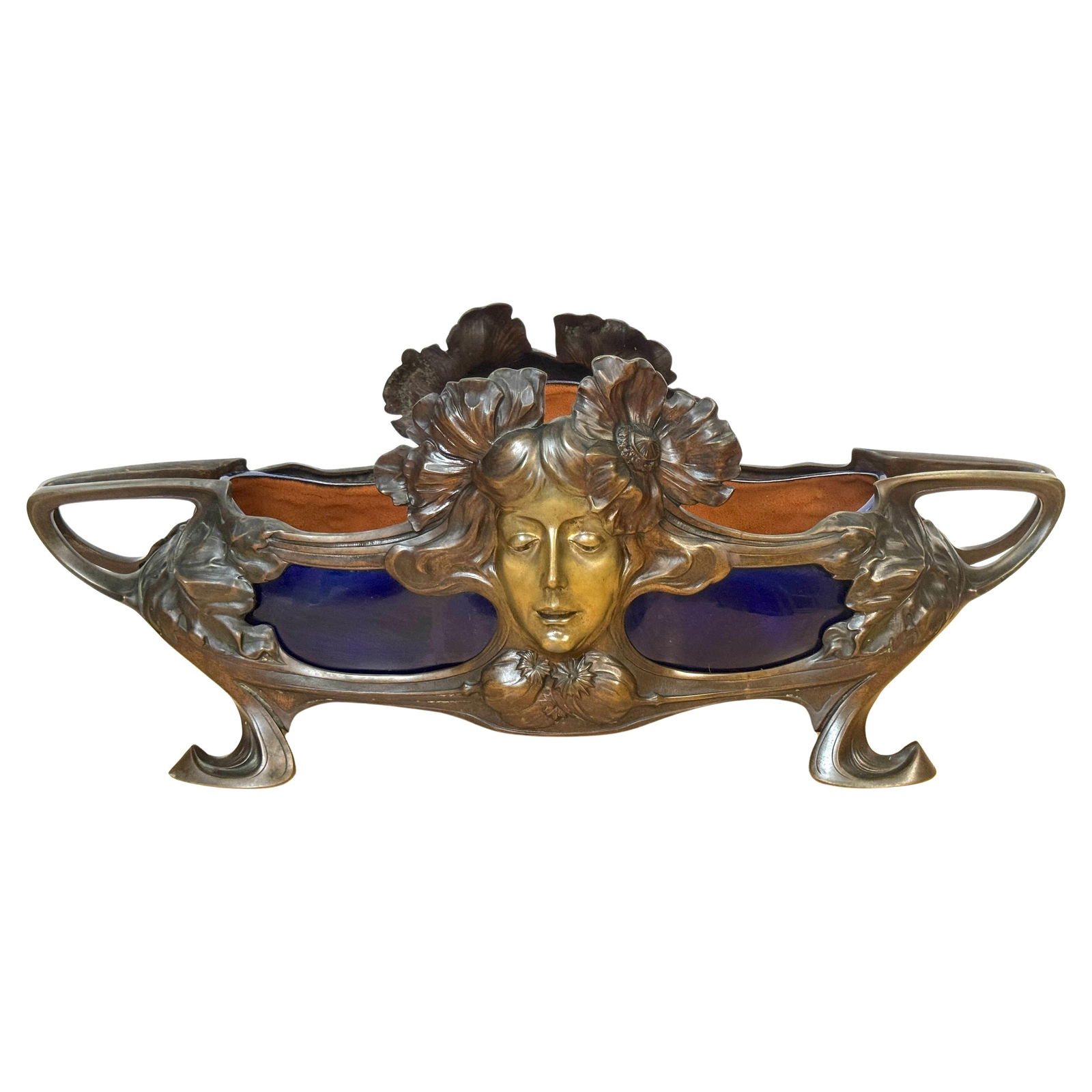 Art Nouveau Femme-Fleur Bronze and Cobalt Porcelain Centerpiece 1895: Art Nouveau Femme-Fleur Bronze and Cobalt Porcelain Centerpiece 1895 This exquisite French Art Nouveau centerpiece, titled "Femme-Fleur," showcases a stunning combination of bronze and deep cobalt por