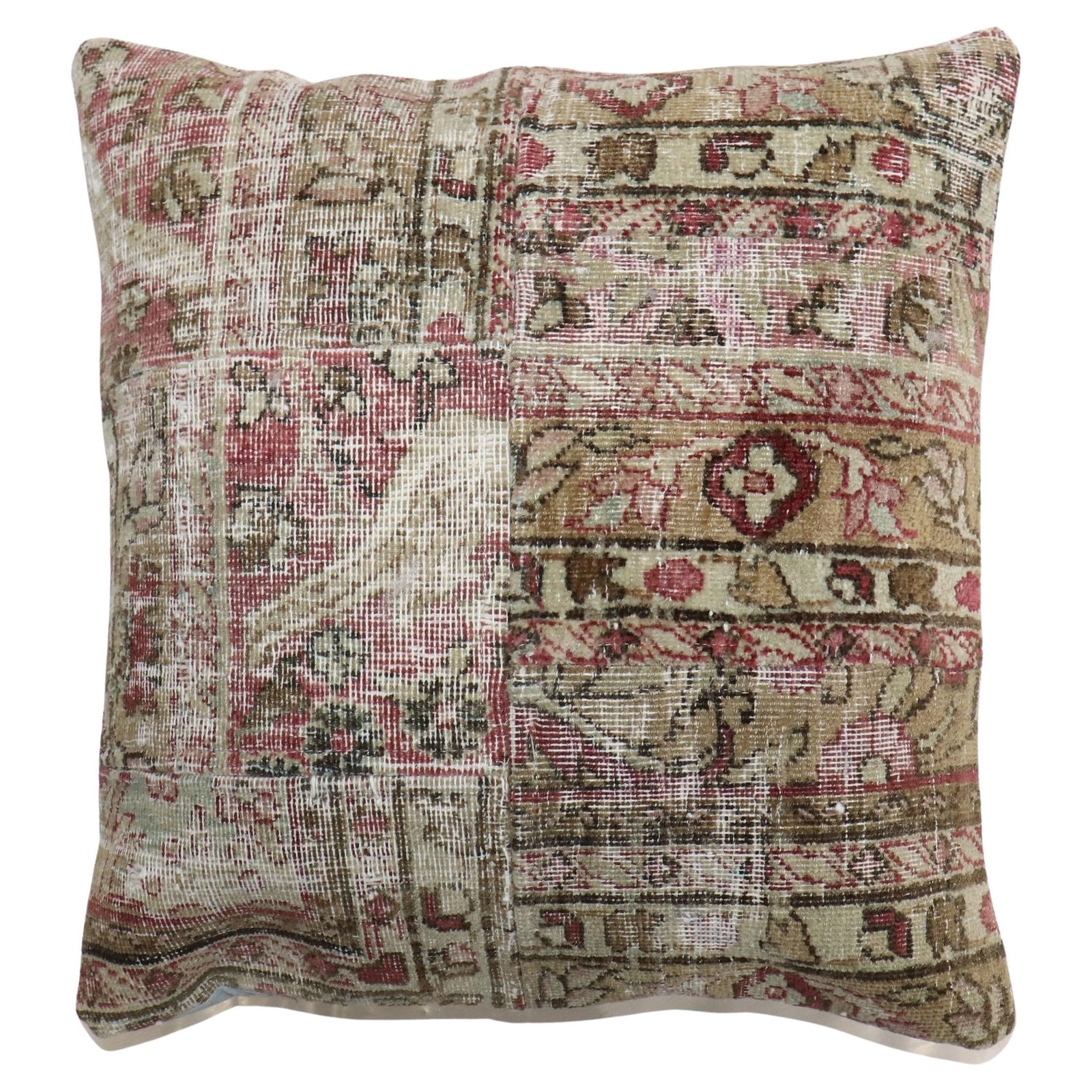 Tabriz Style 19th Century Persian Kerman Rug Pillow 18x18: Tabriz Style 19th Century Persian Kerman Rug Pillow 18x18 This exquisite pillow is crafted from a 19th-century worn Persian Kerman rug, expertly transformed into a patchwork design. It showcases the r