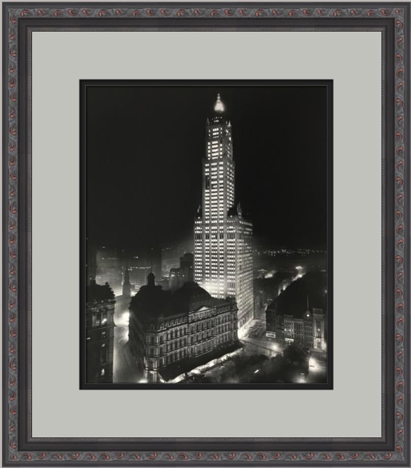 1913 Woolworth Building Night Print Custom Framed Artwork: 1913 Woolworth Building Night Print Custom Framed Artwork Experience the beauty of the iconic Woolworth Building with this stunning custom framed print, capturing its elegance at night. This licensed