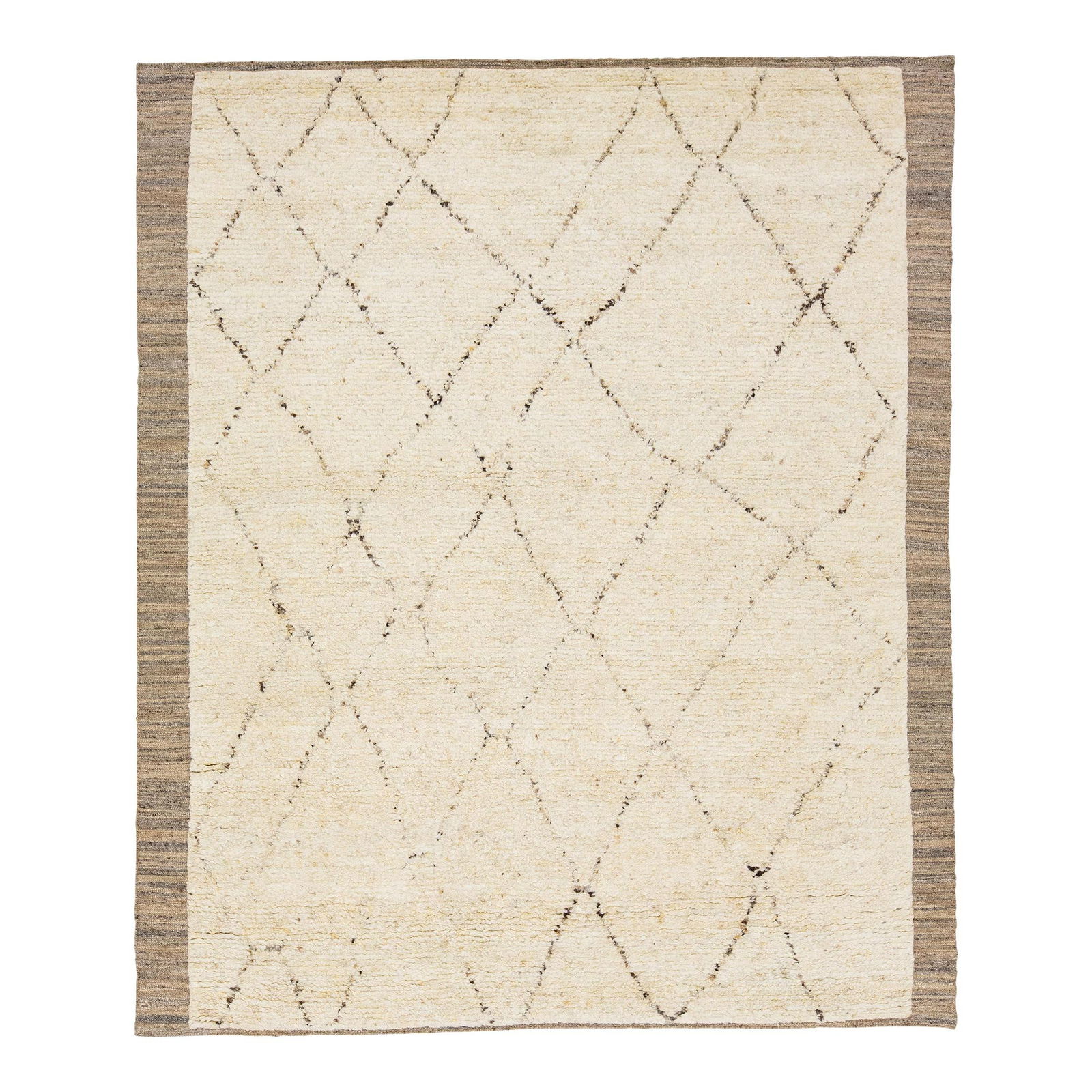 Tribal Moroccan Style 8x10 Wool Rug in Beige: Tribal Moroccan Style 8x10 Wool Rug in Beige This exquisite hand-knotted wool rug showcases a sophisticated Moroccan design in an elegant brown hue, beautifully set against a captivating beige backdro