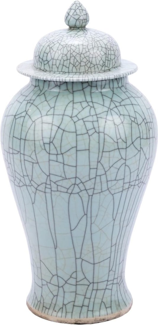 Elegant Celadon Crackle Ceramic Temple Jar 15H for Asian Decor: Elegant Celadon Crackle Ceramic Temple Jar 15H for Asian Decor This stylish celadon crackle jar is a stunning addition to any home decor. Crafted from ceramic, this temple jar showcases a beautiful ce