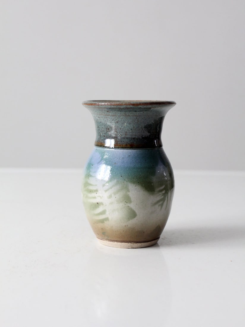 Signed Vintage Studio Pottery Vase Blue Green Glaze Leaf Impressions (1 of 8)