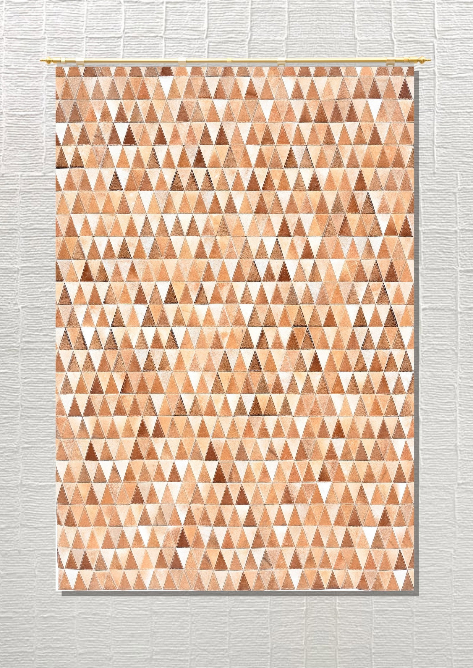 Handmade Champagne Triangle Patchwork Cowhide Leather Area Rug 3FT x 5FT: Handmade Champagne Triangle Patchwork Cowhide Leather Area Rug 3FT x 5FT Free continental US Shipping This handmade area rug features a striking mosaic of triangular pieces crafted from 100% genuine h