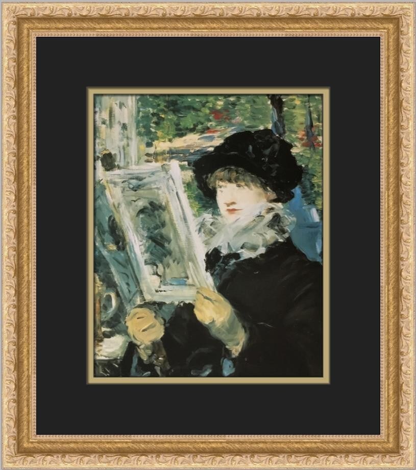 Edouard Manet A Lady Reading L'Illustre Custom Framed Offset Lithograph: Edouard Manet A Lady Reading L'Illustre Custom Framed Offset Lithograph Presenting a stunning custom framed print titled 'A Lady Reading L'Illustre' by renowned artist Edouard Manet. This medium-sized