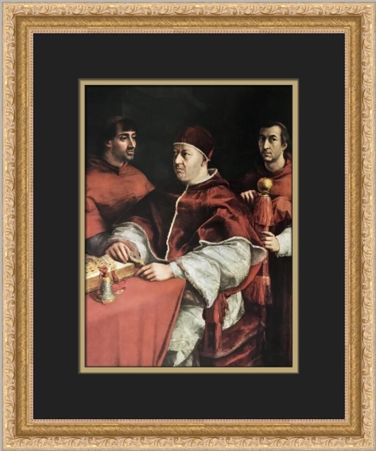 Raphael Portrait of Leo X Framed Print High Renaissance Art 1969: Raphael Portrait of Leo X Framed Print High Renaissance Art 1969 This exquisite custom framed print features Raphael's renowned artwork, "Portrait of Leo X with Two Cardinals." Measuring 18 in x 15 in