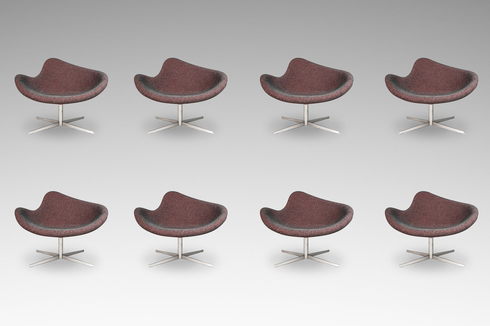 Set of 8 Postmodern K2 Magenta Swivel Chairs by Busk & Hertzog for Hightower: Set of 8 Postmodern K2 Magenta Swivel Chairs by Busk & Hertzog for Hightower Elevate your space with this stunning set of eight Postmodern "K2" chairs, designed by the renowned Danish duo Flemming Bus