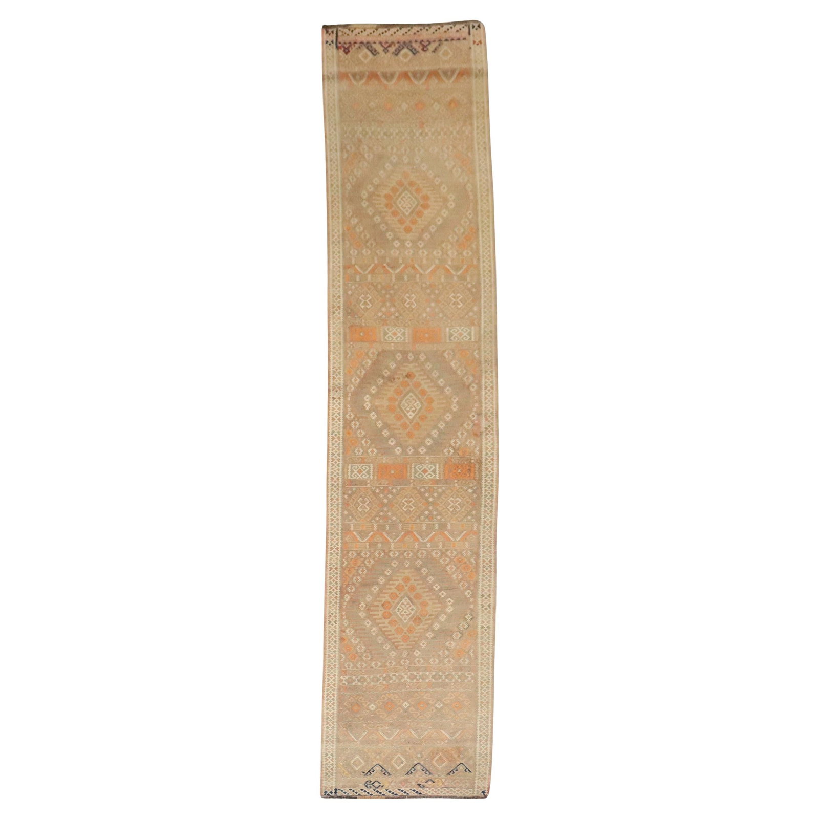 Mid Century Turkish Kilim Wool Runner Cream and Orange 3' x 13'4": Mid Century Turkish Kilim Wool Runner Cream and Orange 3' x 13'4" This mid-20th century Turkish Kilim runner features a flat-weave construction in predominant cream and orange tones, showcasing a trib