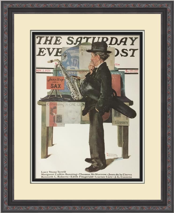 Norman Rockwell Jazz it up with Sax Custom Framed Print 1976: Norman Rockwell Jazz it up with Sax Custom Framed Print 1976 This custom framed print features the iconic artwork "Jazz it up with Sax" by Norman Rockwell, a celebrated artist known for his Americana