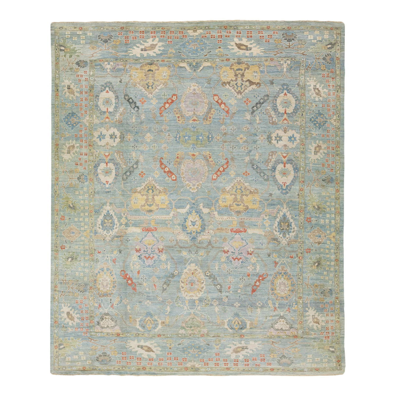 Handmade Wool Rug Modern Sultanabad Design Blue 12'8 x 15'3: Handmade Wool Rug Modern Sultanabad Design Blue 12'8 x 15'3 Enhance your space with this exquisite handmade wool rug featuring a stunning blue background adorned with a vibrant multicolor all-over des