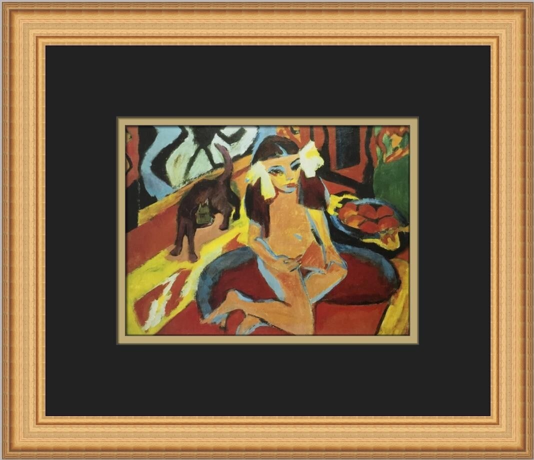 Ernst Ludwig Kirchner Franzi with Cat Custom Framed Expressionist Print: Ernst Ludwig Kirchner Franzi with Cat Custom Framed Expressionist Print This custom framed print titled "Franzi with Cat" by artist Ernst Ludwig Kirchner beautifully captures the essence of expression