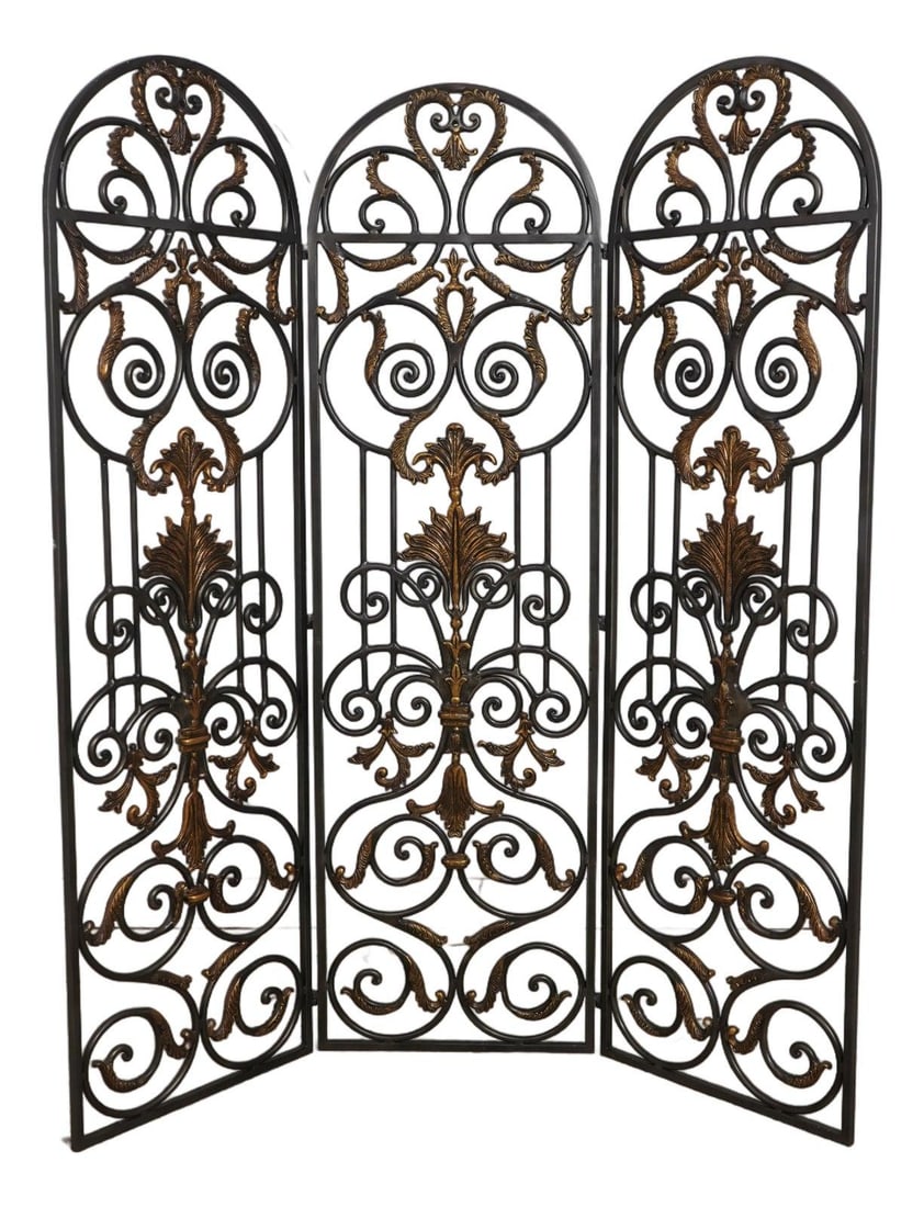 Heavy Wrought Iron 3-Panel Room Divider with Gold Accents (1 of 10)