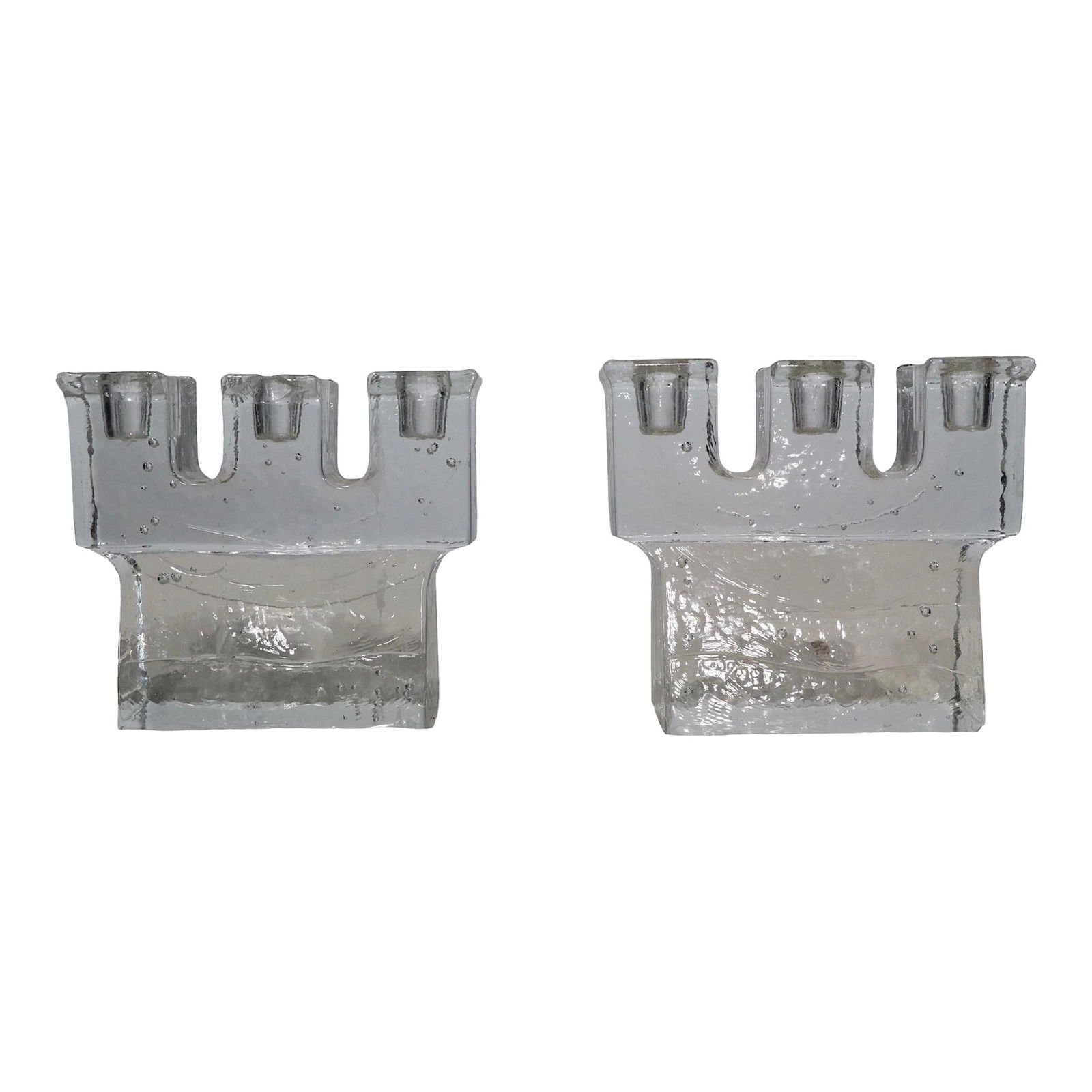 Timo Sarpaneva Glass Candlesticks Pair Iittala 1970s: Timo Sarpaneva Glass Candlesticks Pair Iittala 1970s This pair of three-light candlesticks, designed by renowned Finnish designer Timo Sarpaneva for Iittala, dates back to the 1970s. Crafted from tran