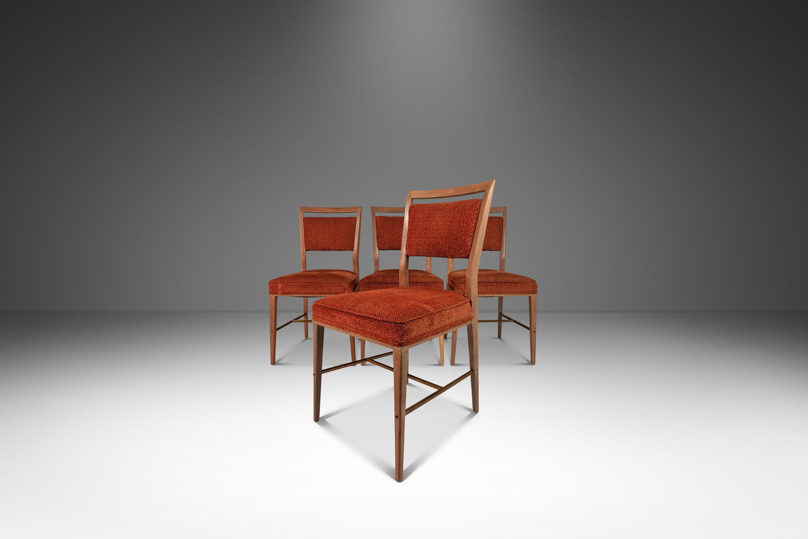 Set of 4 Paul McCobb Mid-Century Dining Chairs in Mahogany Brass: Set of 4 Paul McCobb Mid-Century Dining Chairs in Mahogany Brass Discover a stunning set of four Mid-Century Modern dining chairs crafted from solid mahogany and accented with brass by the renowned de