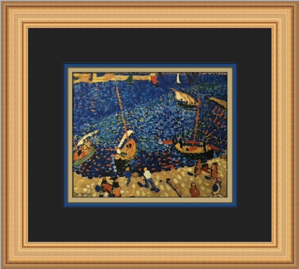 Custom Framed Boats at Collioure Print by Andre Derain 11 x 13: Custom Framed Boats at Collioure Print by Andre Derain 11 x 13 This is a custom-framed open edition offset lithograph print of "Boats at Collioure" by Andre Derain. Presented in a 1-inch gold frame, t