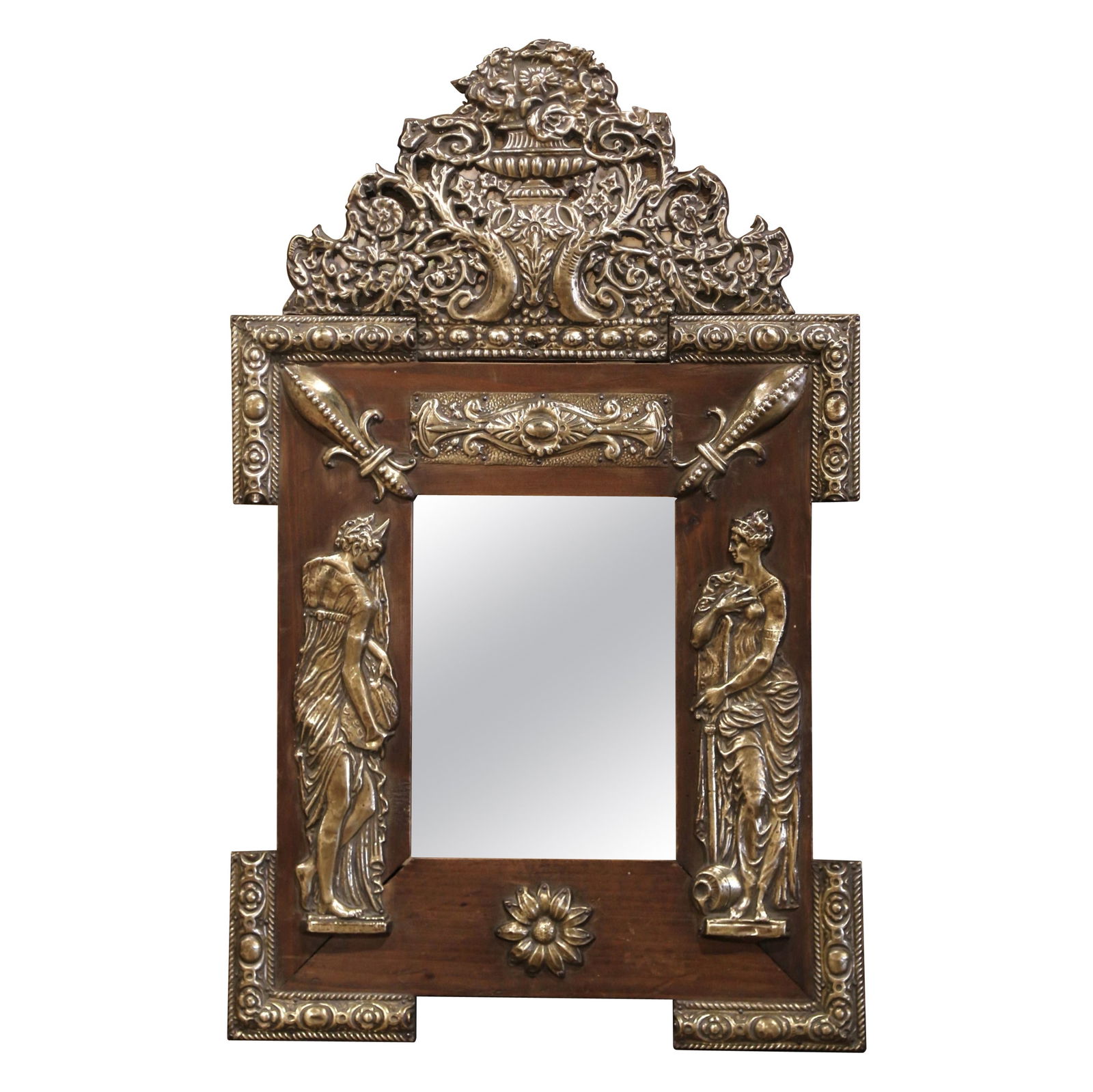 Antique 19th Century French Napoleon III Repousse Brass Pine Mirror: Antique 19th Century French Napoleon III Repousse Brass Pine Mirror This exquisite 19th Century French Napoleon III Repousse Brass and Pine Wall Mirror showcases exceptional craftsmanship and timeless