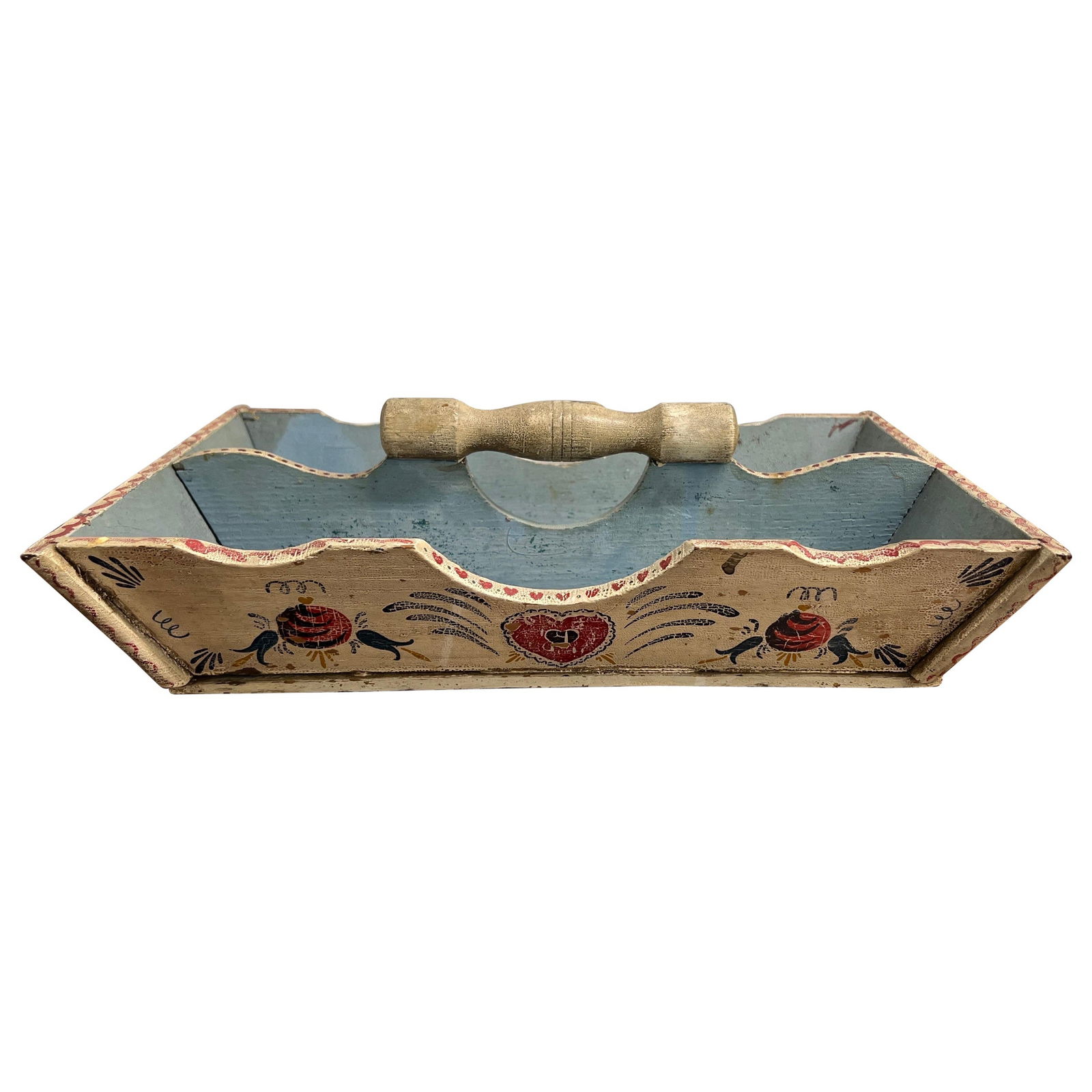 Circa 1845 American Folk Art Cutlery Tray with Robin's Egg Blue Finish: Circa 1845 American Folk Art Cutlery Tray with Robin's Egg Blue Finish This exceptional American folk art cutlery tray, dating back to circa 1845, showcases a delightful blend of craftsmanship and his