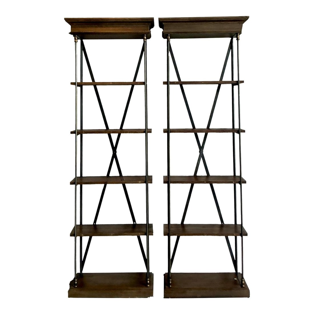 Pair of Monumental Hollywood Regency Industrial Style Etageres with Wood Shelves: Pair of Monumental Hollywood Regency Industrial Style Etageres with Wood Shelves This exceptional pair of vintage monumental etageres showcases a bold blend of industrial design and Hollywood Regency