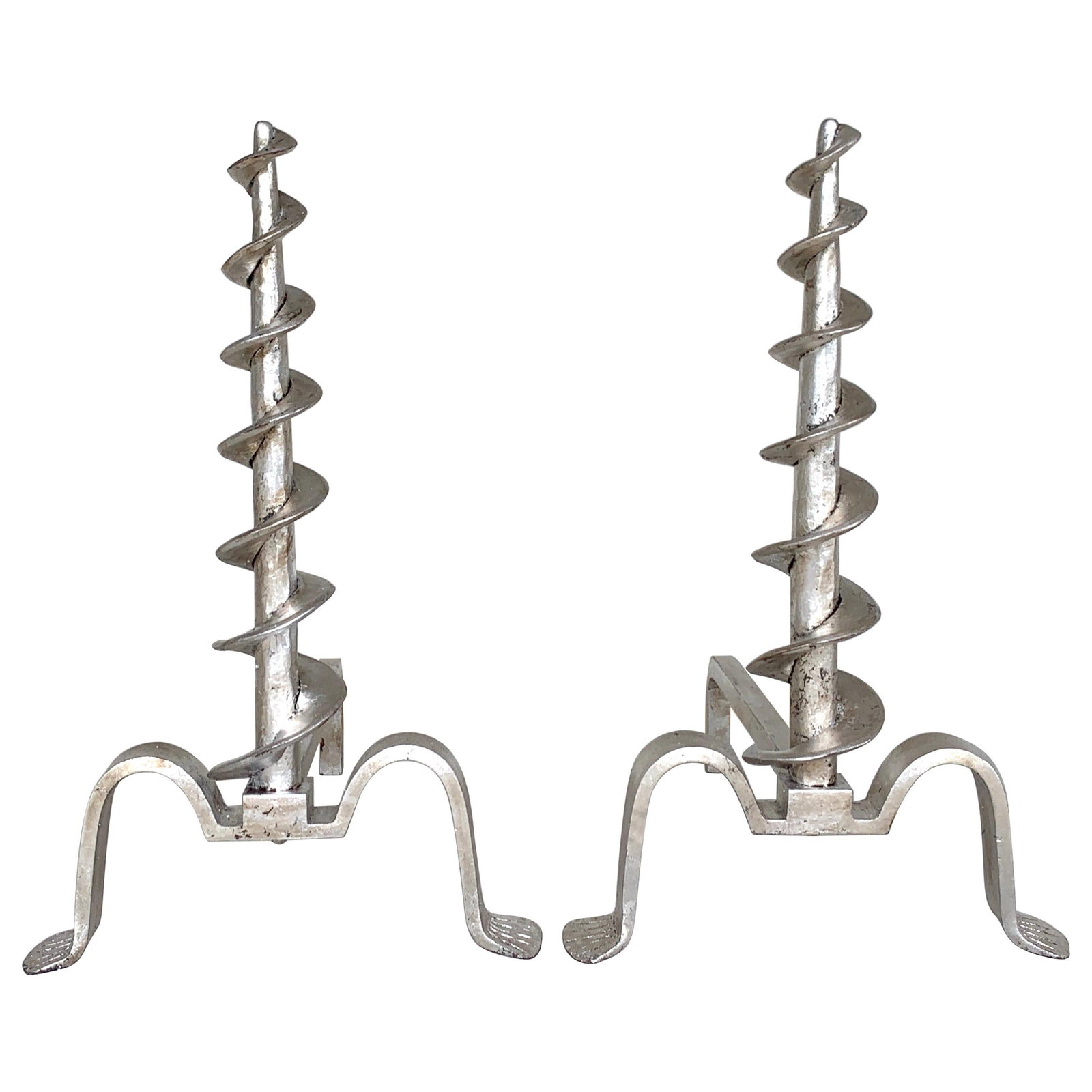 Set of 2 French Modern Silvered Iron Andirons 1950s: Set of 2 French Modern Silvered Iron Andirons 1950s This exquisite pair of French modern silvered iron andirons showcases a unique design, featuring tall spirals that rest on elongated pad feet. Craft